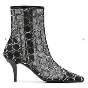 Gucci Demi Crystal GG Logo Mesh Pointed Toe Ankle Boot Black 85mm 39